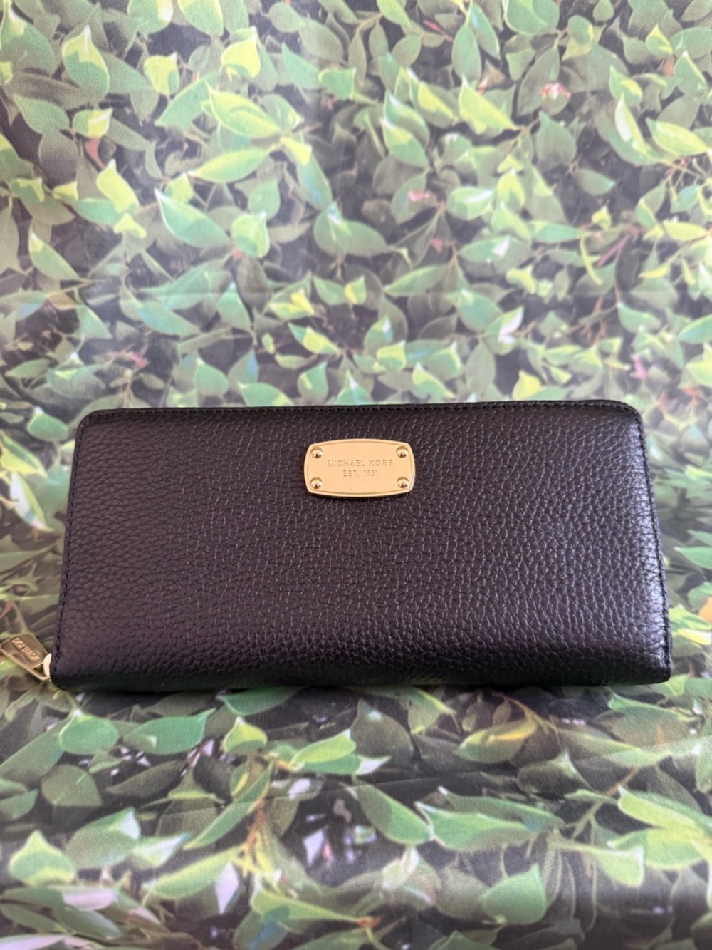 Michael Kors Black Pebbled Leather Zip Wallet with Gold Plate